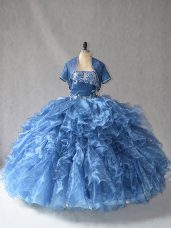 Free and Easy Sleeveless Organza Floor Length Side Zipper Quinceanera Gowns in Blue with Beading and Ruffles