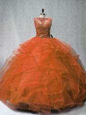 Admirable Rust Red Ball Gown Prom Dress Sleeveless Brush Train Lace Up