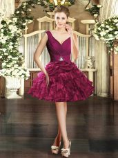 Burgundy Organza Backless Evening Dress Sleeveless Mini Length Beading and Ruffles