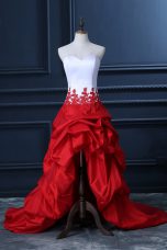 Smart Sleeveless High Low Lace and Appliques and Pick Ups Lace Up Pageant Dress for Teens with White And Red