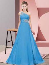 Fancy One Shoulder Sleeveless Evening Outfits Floor Length Beading Blue Chiffon