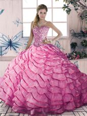 Pink Sleeveless Beading and Ruffles Floor Length Quinceanera Dress