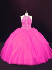 Hot Selling Hot Pink 15th Birthday Dress Sweet 16 and Quinceanera with Beading Halter Top Sleeveless Lace Up