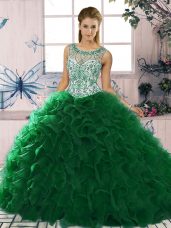 Floor Length Lace Up Sweet 16 Quinceanera Dress Dark Green for Military Ball and Sweet 16 and Quinceanera with Beading and Ruffles