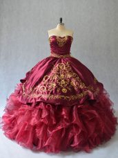 Modest Burgundy Lace Up Strapless Beading and Embroidery Sweet 16 Quinceanera Dress Organza Sleeveless Brush Train