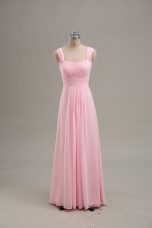 Sleeveless Chiffon Floor Length Zipper Evening Dress in Baby Pink with Ruching