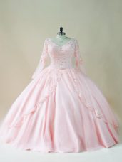 Baby Pink Vestidos de Quinceanera Sweet 16 and Quinceanera with Beading and Appliques V-neck Long Sleeves Lace Up