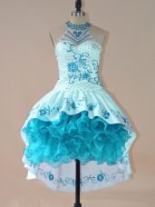 Beauteous High-neck Sleeveless Lace Up Homecoming Dress Aqua Blue Satin and Organza