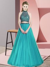 Luxury Sleeveless Tulle Floor Length Backless Pageant Dress in Teal with Beading