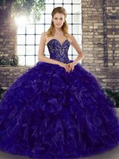 High End Purple Organza Lace Up 15 Quinceanera Dress Sleeveless Floor Length Beading and Ruffles