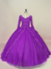 Floor Length Ball Gowns Long Sleeves Purple 15th Birthday Dress Lace Up