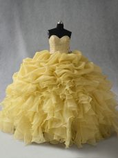 Custom Design Yellow Ball Gowns Beading and Ruffles Vestidos de Quinceanera Lace Up Organza Sleeveless Floor Length