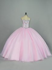 Exquisite Sleeveless Tulle Lace Up Vestidos de Quinceanera in Baby Pink with Beading