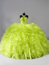 Fine Yellow Green Sleeveless Beading and Ruffles Zipper 15 Quinceanera Dress