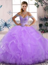 Lavender Off The Shoulder Neckline Beading and Ruffles 15 Quinceanera Dress Sleeveless Lace Up