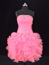 Dazzling Sleeveless Beading and Ruching Lace Up Dress Like A Star with Rose Pink