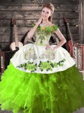 Top Selling Green Off The Shoulder Lace Up Embroidery and Ruffles Quinceanera Gown Sleeveless