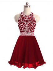 Wine Red Halter Top Lace Up Beading Prom Dress Sleeveless