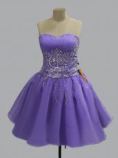 Lavender Organza Lace Up Prom Gown Sleeveless Mini Length Beading