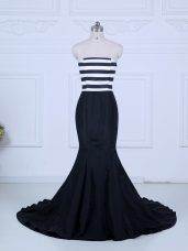 Clearance Brush Train Mermaid Juniors Evening Dress White And Black Strapless Satin Sleeveless Lace Up