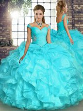 Luxury Aqua Blue Ball Gowns Organza Off The Shoulder Sleeveless Beading and Ruffles Floor Length Lace Up 15 Quinceanera Dress