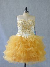 Sleeveless Mini Length Beading and Ruffles Lace Up Custom Made with Yellow