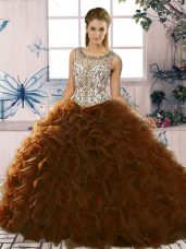 Cheap Brown Organza Lace Up 15 Quinceanera Dress Sleeveless Floor Length Beading and Ruffles