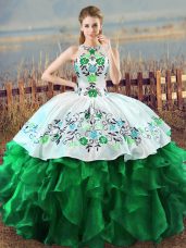 High Class Floor Length Green Sweet 16 Dress Organza Sleeveless Embroidery and Ruffles