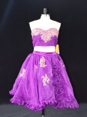 Designer Eggplant Purple Zipper Prom Gown Appliques and Ruffles Sleeveless Mini Length