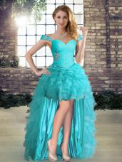 Affordable Aqua Blue Lace Up Off The Shoulder Beading and Ruffles Prom Evening Gown Organza Sleeveless