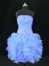 Sleeveless Organza Mini Length Lace Up Womens Party Dresses in Blue with Beading and Ruffles