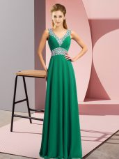 Dark Green Chiffon Lace Up V-neck Sleeveless Floor Length Evening Dress Beading