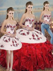 Eye-catching White And Red Three Pieces Sweetheart Sleeveless Organza Floor Length Lace Up Embroidery and Ruffles and Bowknot Quinceanera Dresses