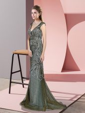 Glamorous Olive Green V-neck Zipper Beading Evening Dress Sweep Train Sleeveless