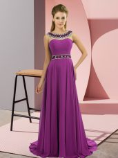 Hot Selling Purple Chiffon Zipper Scoop Sleeveless Evening Outfits Brush Train Beading