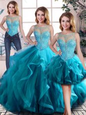 Aqua Blue Sleeveless Floor Length Beading and Ruffles Lace Up Vestidos de Quinceanera