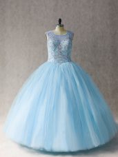 Ball Gowns Vestidos de Quinceanera Light Blue Scoop Tulle Sleeveless Floor Length Lace Up