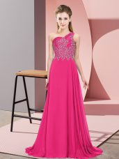 Hot Pink Empire One Shoulder Sleeveless Chiffon Floor Length Side Zipper Beading Evening Dress