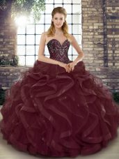 Fashionable Burgundy Sweet 16 Quinceanera Dress Military Ball and Sweet 16 and Quinceanera with Beading and Ruffles Sweetheart Sleeveless Lace Up