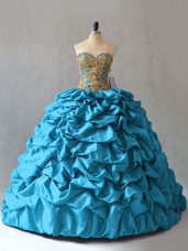 Vintage Aqua Blue Sleeveless Brush Train Beading and Pick Ups Ball Gown Prom Dress