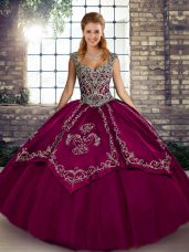 Affordable Fuchsia Straps Neckline Beading and Embroidery Sweet 16 Dresses Sleeveless Lace Up