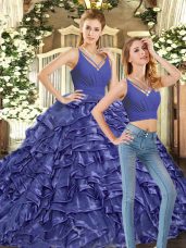 Organza V-neck Sleeveless Brush Train Backless Ruffles Quinceanera Dresses in Lavender