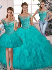 Off The Shoulder Sleeveless Sweet 16 Quinceanera Dress Brush Train Beading and Ruffles Aqua Blue Tulle