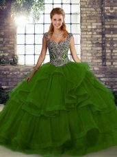 Gorgeous Green Ball Gowns Tulle Straps Sleeveless Beading and Ruffles Floor Length Lace Up Sweet 16 Dresses