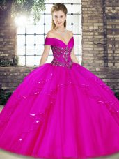 Sleeveless Floor Length Beading and Ruffles Lace Up Quince Ball Gowns with Fuchsia