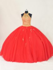 Red Lace Up Quinceanera Dress Beading and Appliques Sleeveless Floor Length