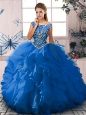 Enchanting Organza Scoop Sleeveless Zipper Beading and Ruffles 15th Birthday Dress in Blue