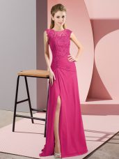 Hot Pink Sleeveless Chiffon Zipper Prom Dress for Prom and Party and Military Ball