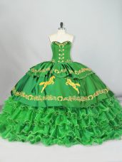 Sweetheart Sleeveless Quinceanera Dresses Brush Train Embroidery and Ruffled Layers Green Satin and Organza