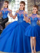 Glittering Halter Top Sleeveless Quinceanera Dresses Brush Train Beading and Pick Ups Blue Tulle